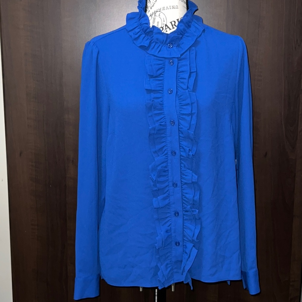 Tahari Asl Long-Sleeve Ruffle Blouse, Royal Blue, Size: Small